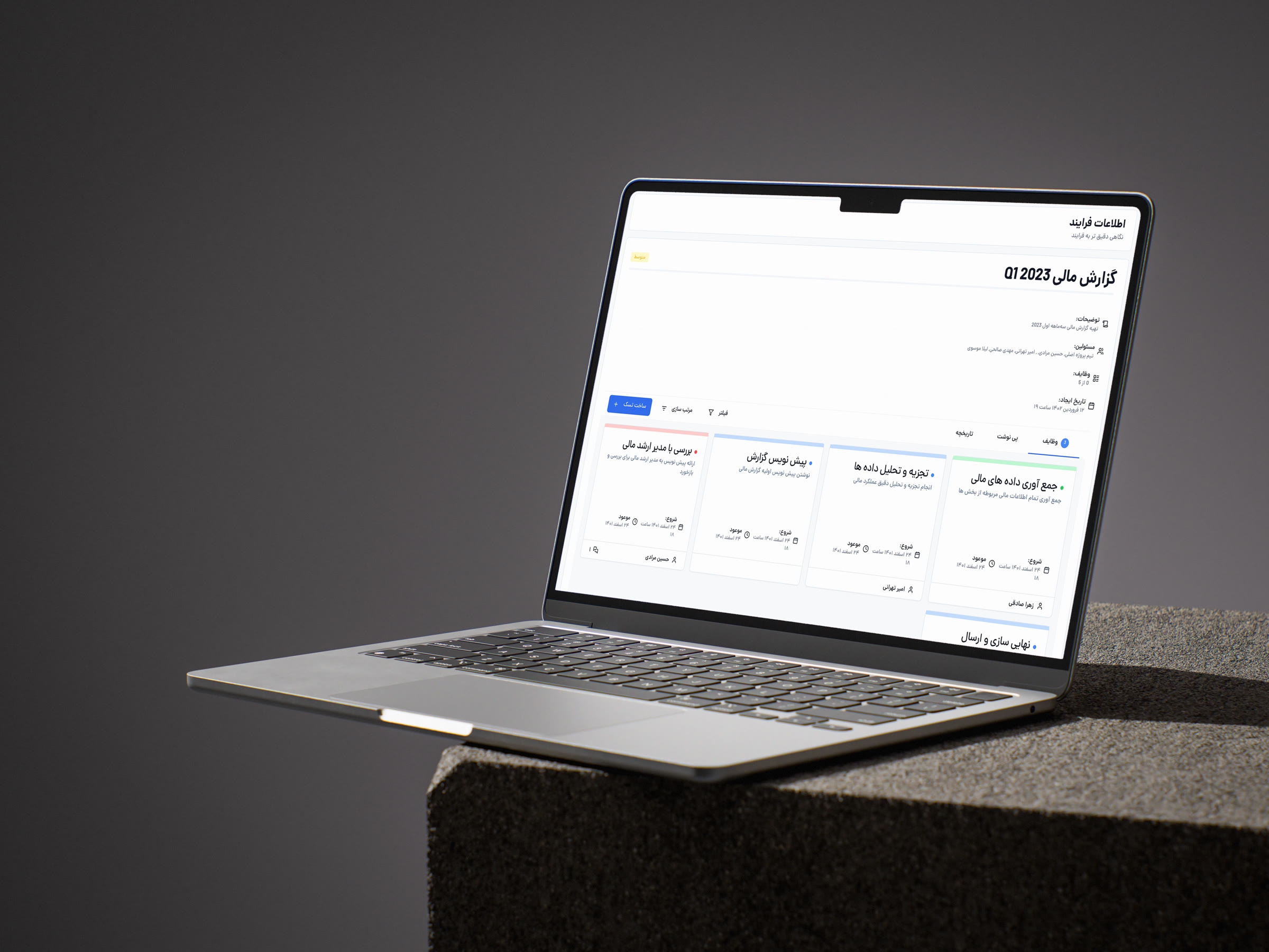 Workflow reporting and assignment board on a laptop mockup